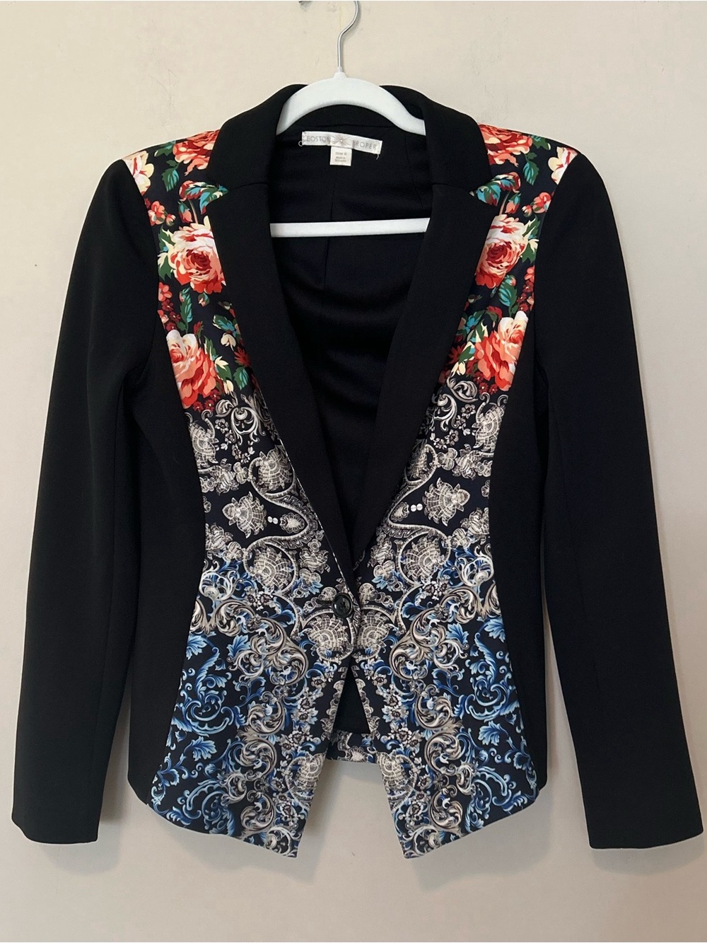 Boston Proper Black Blazer with Red Floral & Blue Paisley Panels